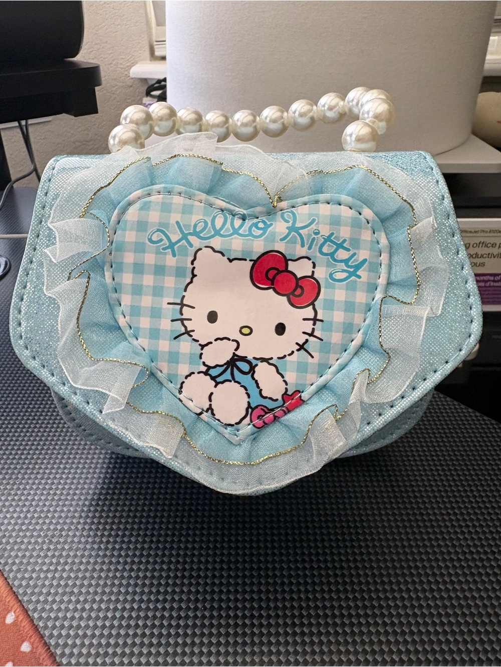 Hello Kitty Light Blue Heart Purse with Pearl Handle